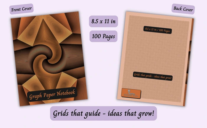 Notebook mockup showing the front and back cover, 8.5 x 11 inch size, 100 pages, and the motto “Grids that guide - ideas that grow!”