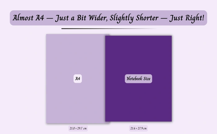 Notebook size comparison with A4 paper, showing dimensions of 21.6 × 27.9 cm