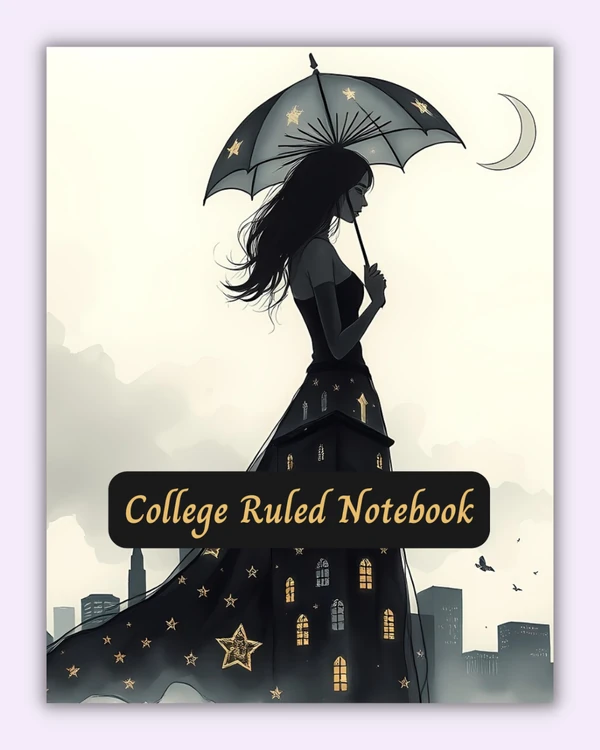 Front cover of the Woman in Black notebook with a silhouette design on a pale cityscape background