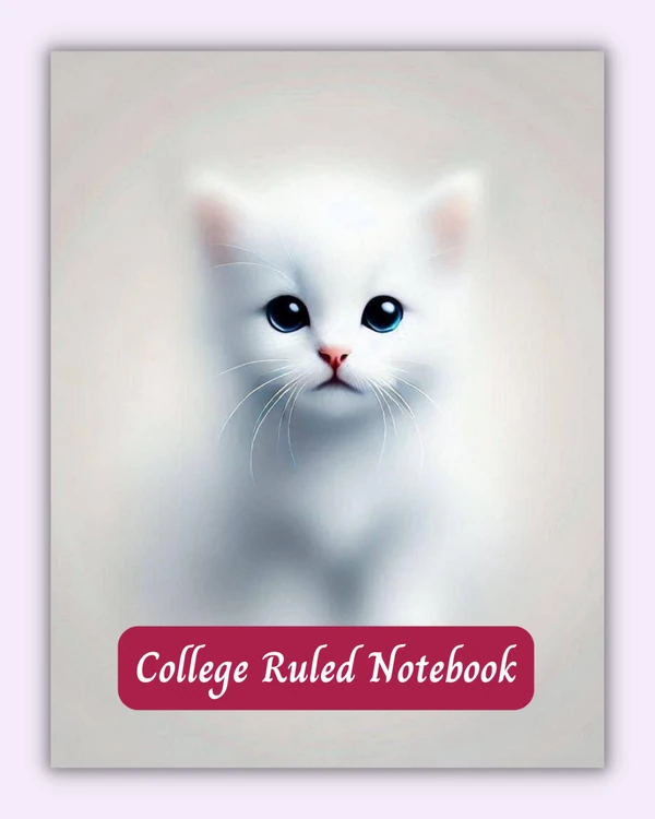 Front cover of the White Cat notebook with a fluffy white kitten on a soft light grey background