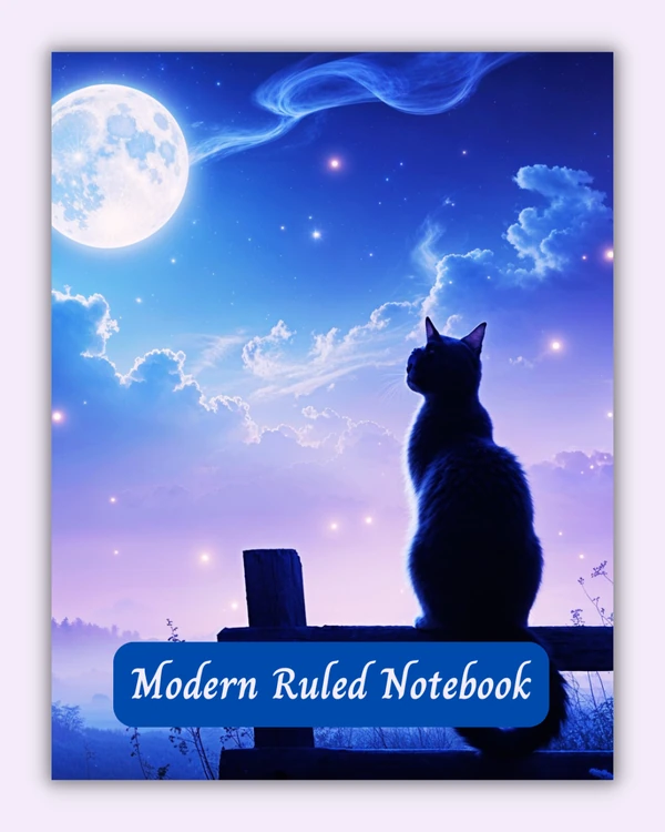 Front cover of the Moonlit Whispers notebook with a cat under moonlight on a purple night background