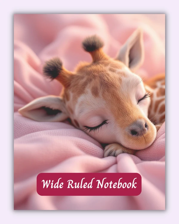 Front cover of the Blush Dreams notebook with a sleeping baby giraffe on a soft pink background