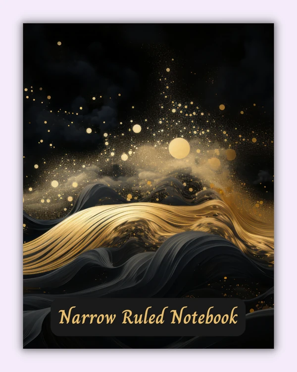 Front cover of the Celestial Drift notebook with golden waves and stars on a black background