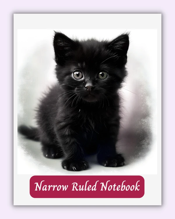 Front cover of the Whisker Thoughts notebook with a black kitten on a soft white background
