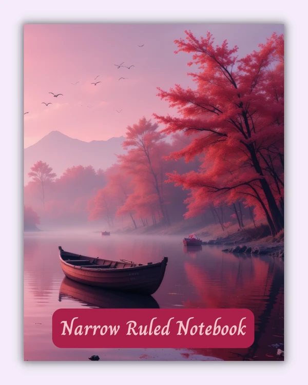 Front cover of the Still Waters notebook with a rowboat on a calm lake and pink trees around