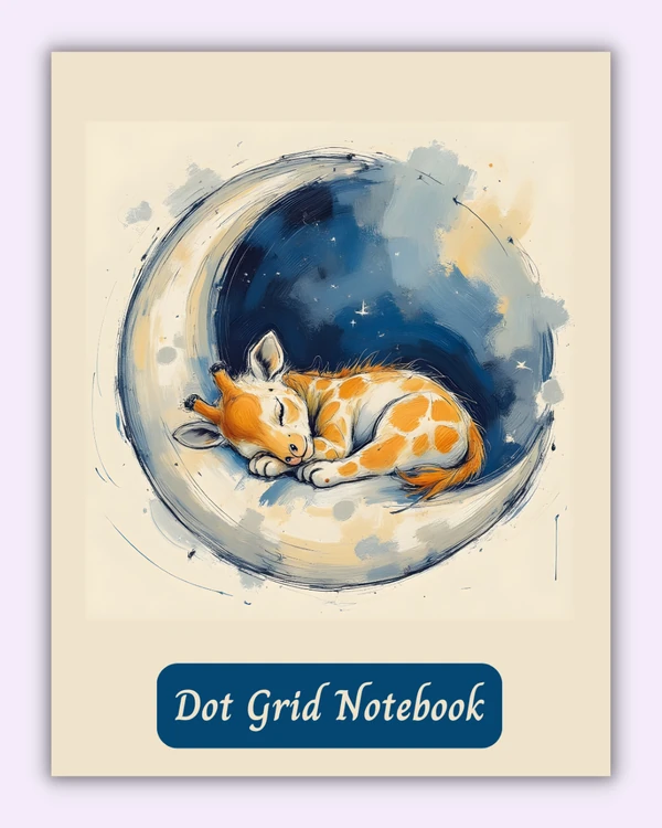 Front cover of the Sleeping Giraffe notebook with giraffe on a moon on a light cream background