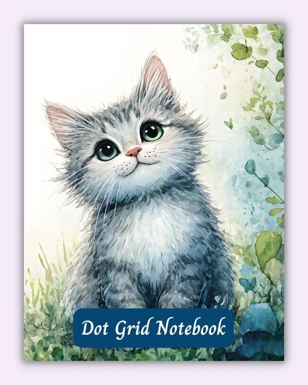 Front cover of the Silver Whikerss notebook with a fluffy kitten on a watercolor garden background