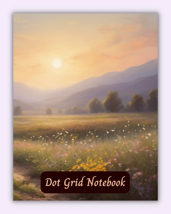 Front cover of the Whispering Meadow notebook with a soft sunset meadow on a pastel background