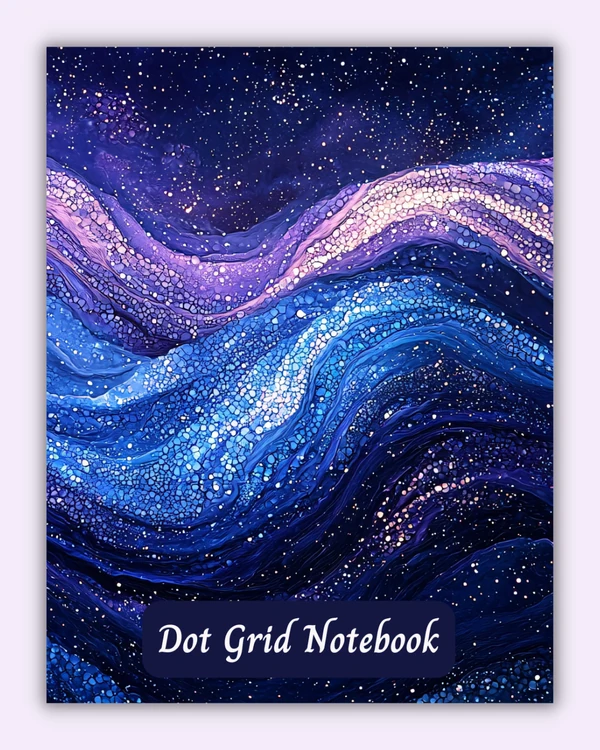 Front cover of the Lavender Drift notebook with starry waves on a deep blue background