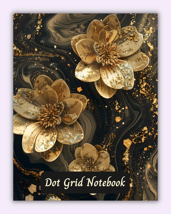 Front cover of the Golden Bloom notebook with golden flowers on a dark marbled background