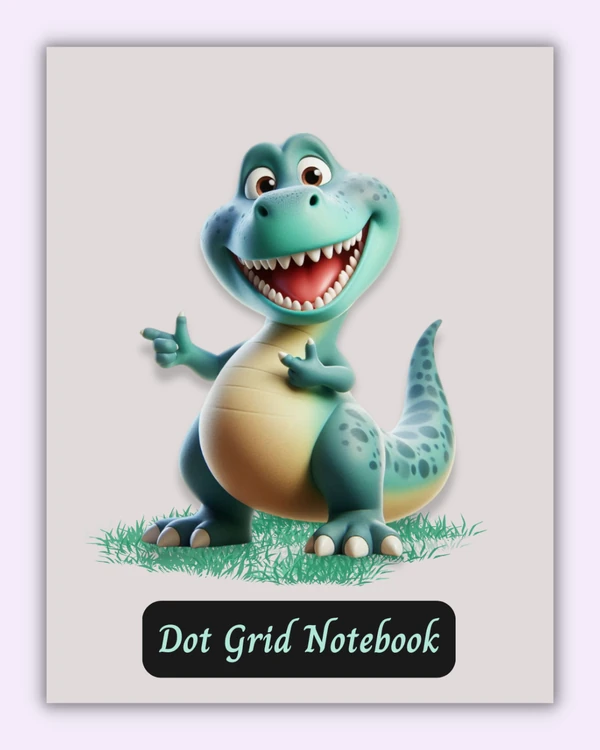 Front cover of the Dotasaurus notebook with a smiling cartoon dinosaur on a grey background