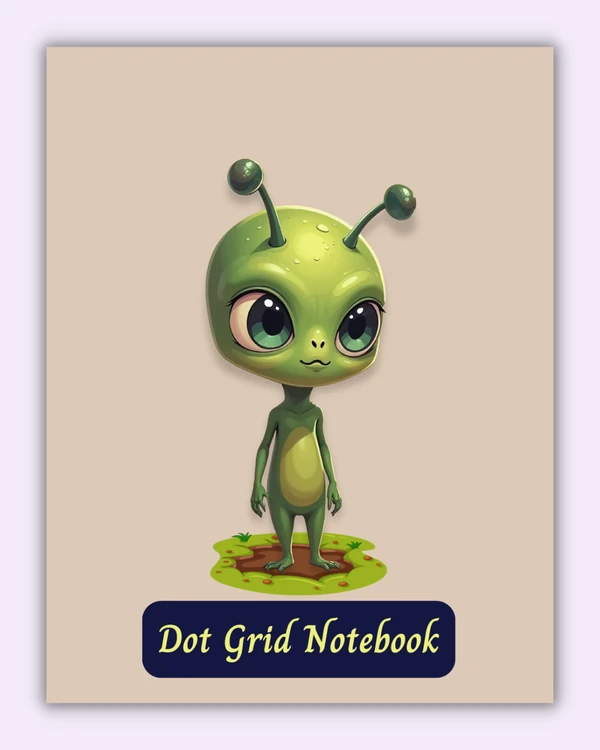 Front cover of the Hello Dotling! notebook with a green alien cartoon on a beige background