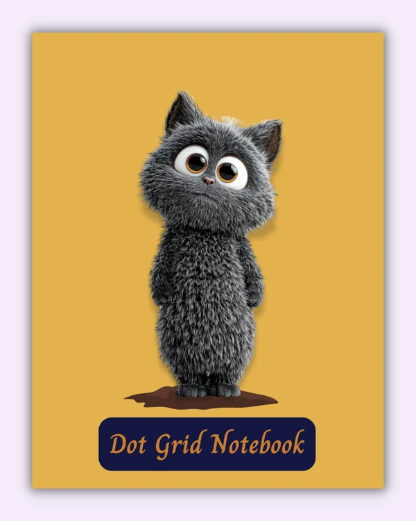 Front cover of the Dot Curious notebook with a fluffy grey kitten character on a yellow background
