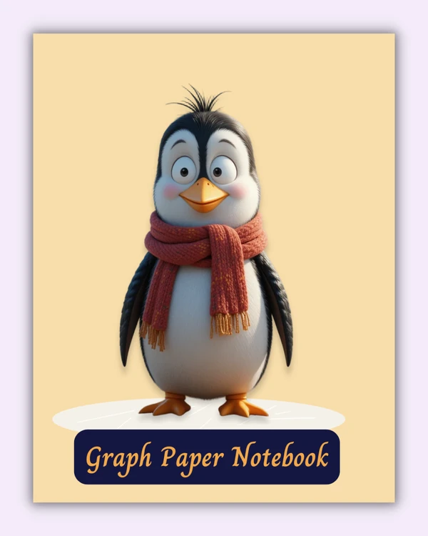 Front cover of the Arctic Scribbles notebook with a penguin in scarf on a soft yellow background