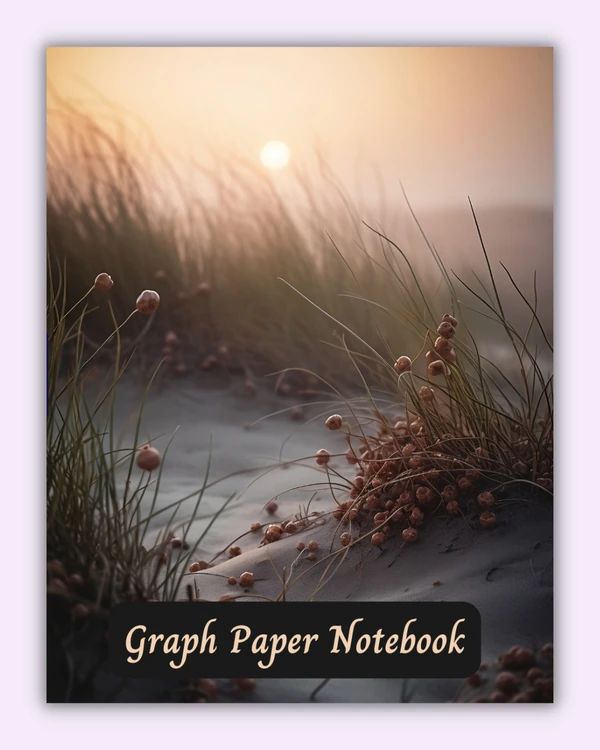 Front cover of the Dune Grid notebook with dune grasses and sunset light on a sandy background