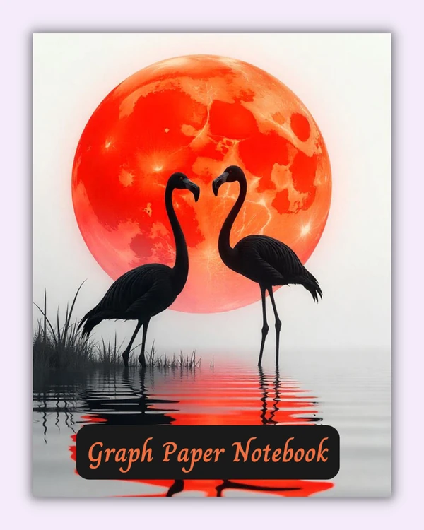 Front cover of the Moonrise Mirage notebook with flamingos and red moon on a white background