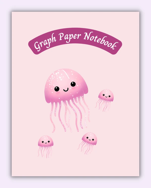 Front cover of the Jellyfish notebook with four smiling pink jellyfish on a soft pastel background
