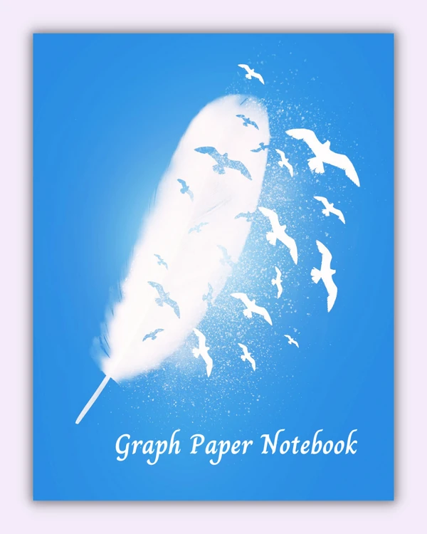 Front cover of the Feather notebook with a white feather & flying birds on a bright blue background