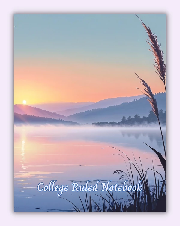 Front cover of the Sunset on the Lake notebook with sunset landscape and soft reflections on water