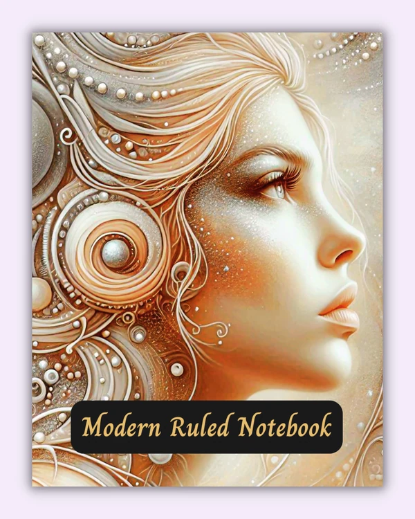 Front cover of the Pearl Essence notebook with pearlescent art of a woman on a beige background