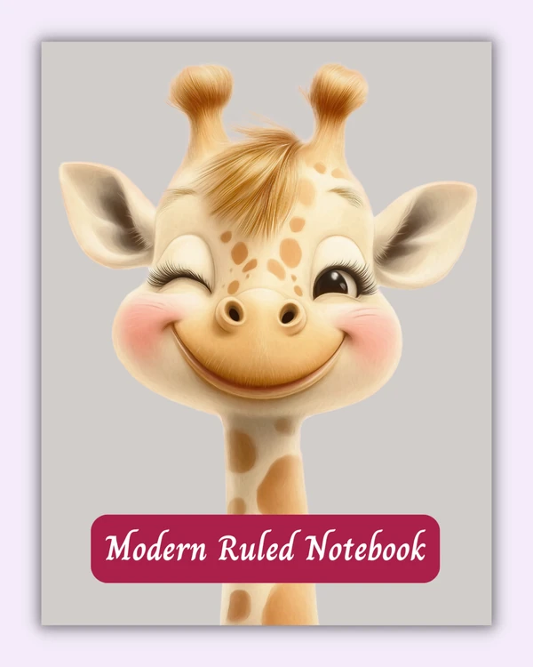 Front cover of the Golden Giraffe notebook with a smiling giraffe face on a light grey background