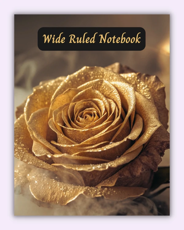Front cover of the Golden Serenity notebook with a golden rose in mist on a warm beige background