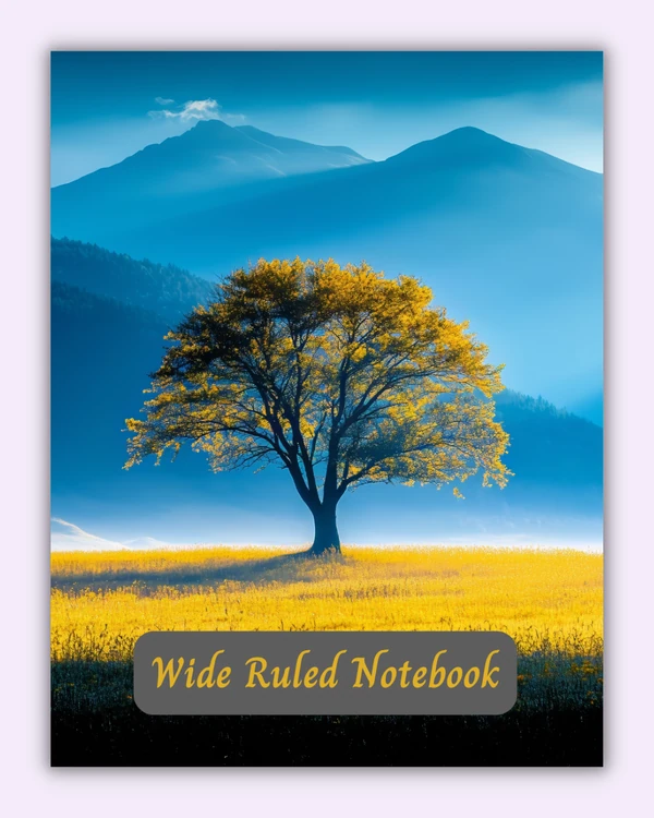 Front cover of the Sunlit Solitude notebook with golden tree and hills on a blue background