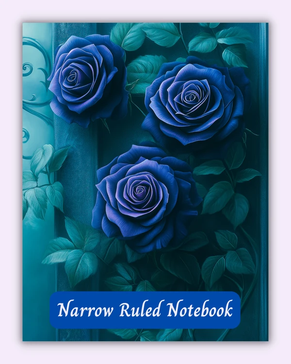 Front cover of the Velvet Bloom notebook with blue roses and leaves on a dark teal background