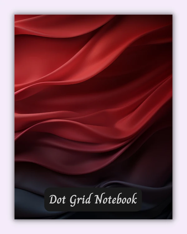 Front cover of the Crimson Flow notebook with red silk waves on a soft purple background