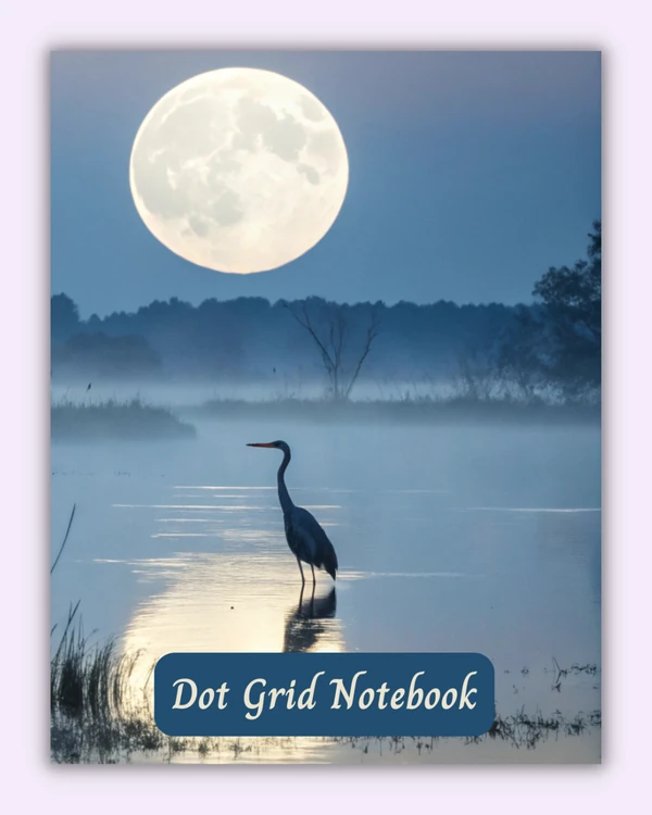 Front cover of the Heron’s Silence notebook with a heron and full moon on a misty lake background
