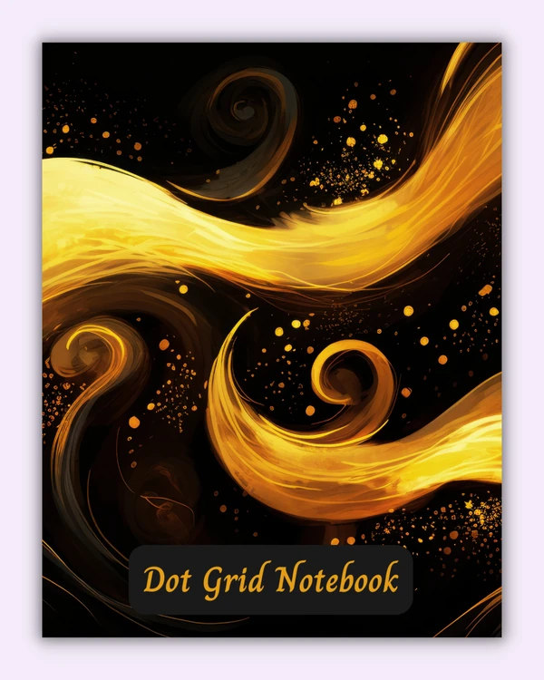 Front cover of the Molten Flow notebook with golden flame swirls on a deep black background