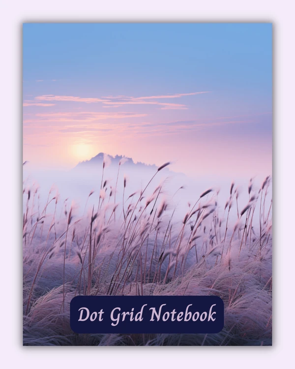 Front cover of the Whispering Horizon notebook with misty grass on a lavender sky background