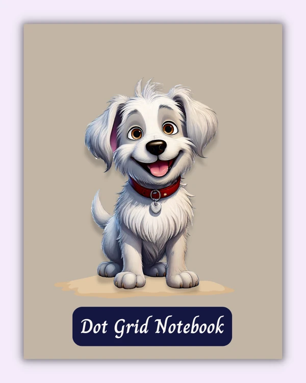 Front cover of the Pawprints & Dots notebook with a cute white puppy on a taupe background