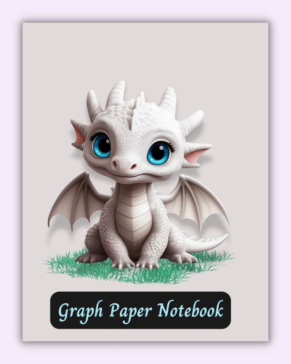Front cover of the Dragon Whispers notebook with a cute white dragon on a light grey background