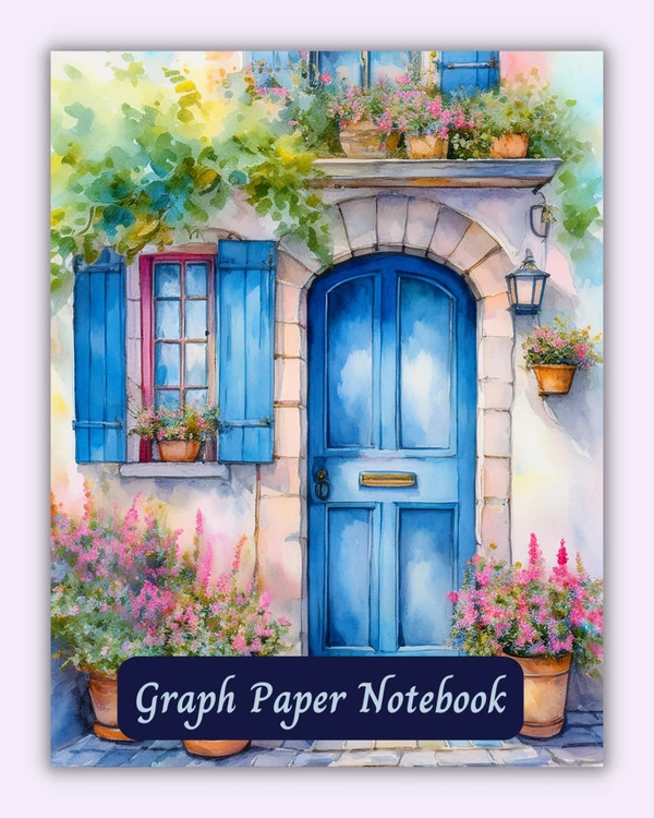 Front cover of the Blue Bloom notebook with a blue door and flowers on a pastel wall background