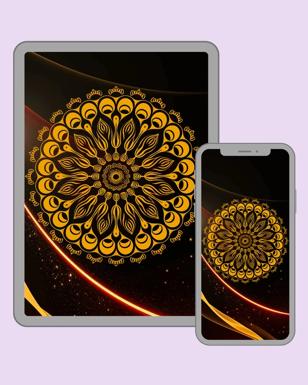 Dark golden mandala with glowing red curves