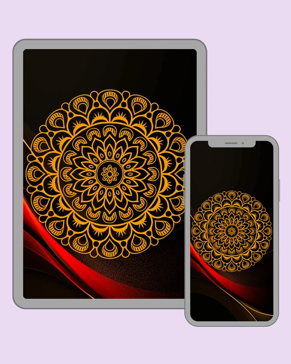 Dark golden mandala with flowing red waves