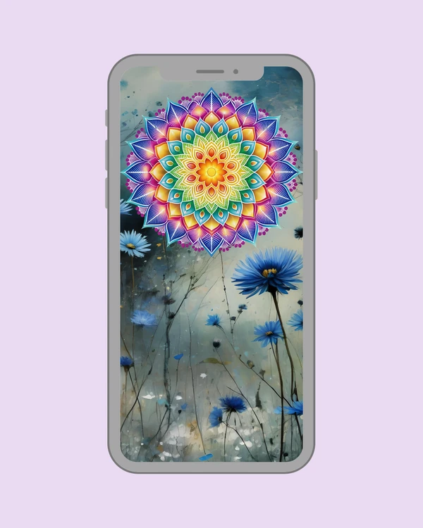 Rainbow mandala above blue wildflowers