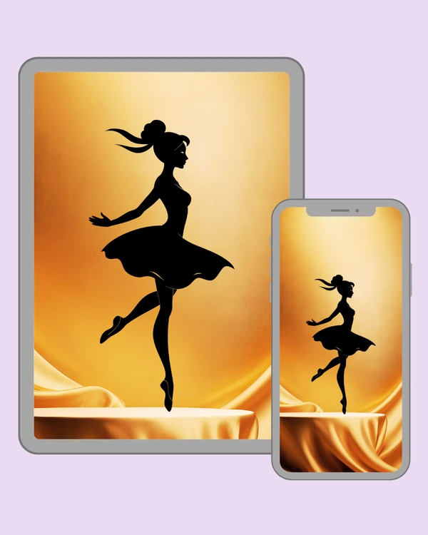 Black ballerina silhouette on a warm golden background