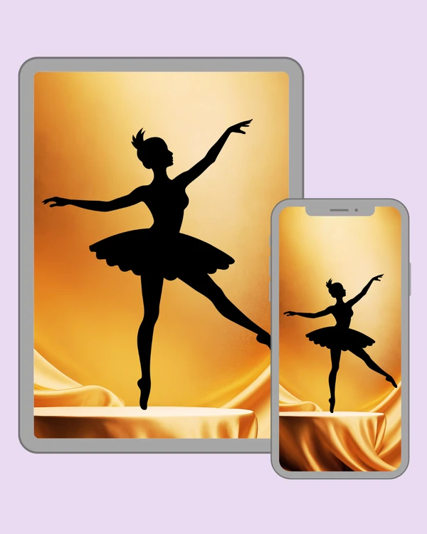 Black ballet dancer silhouette on a warm golden background
