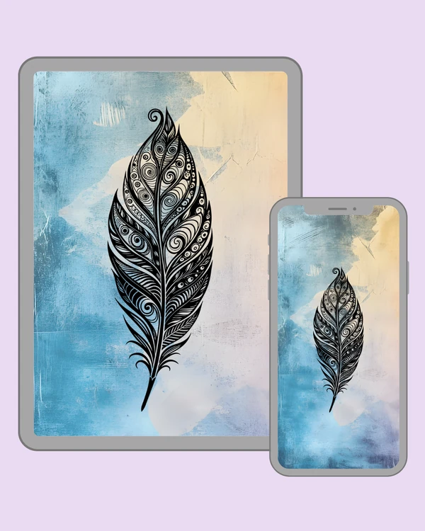 Ornate black feather on a soft blue and cream background