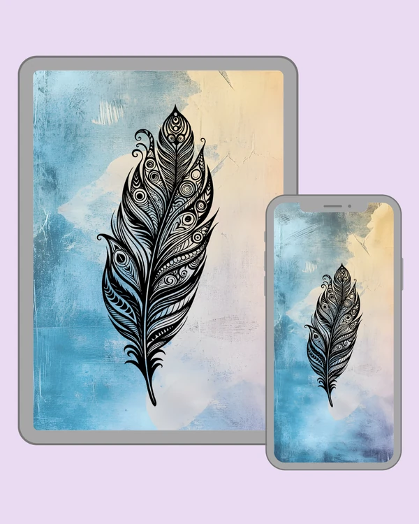 Detailed black feather on a soft blue and cream background