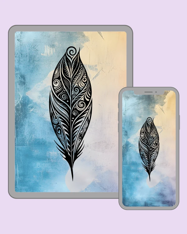 Decorative black feather on a soft blue and cream background