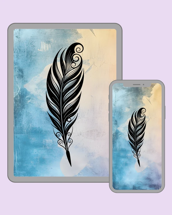 Elegant black feather on a soft blue and cream background