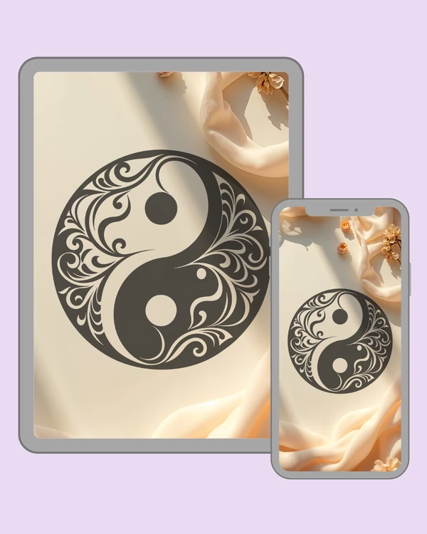 Decorative swirling yin-yang symbol on a soft cream and peach background