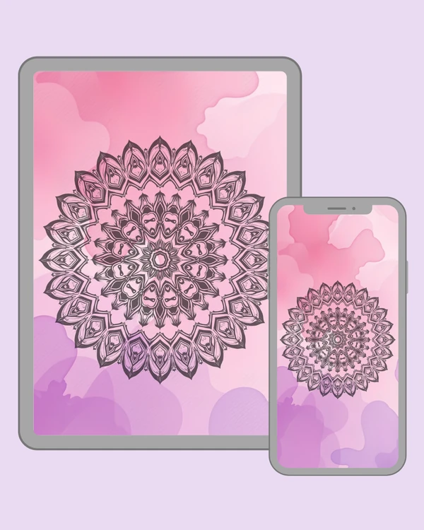 Ornamental floral mandala on a soft pink and lavender abstract background