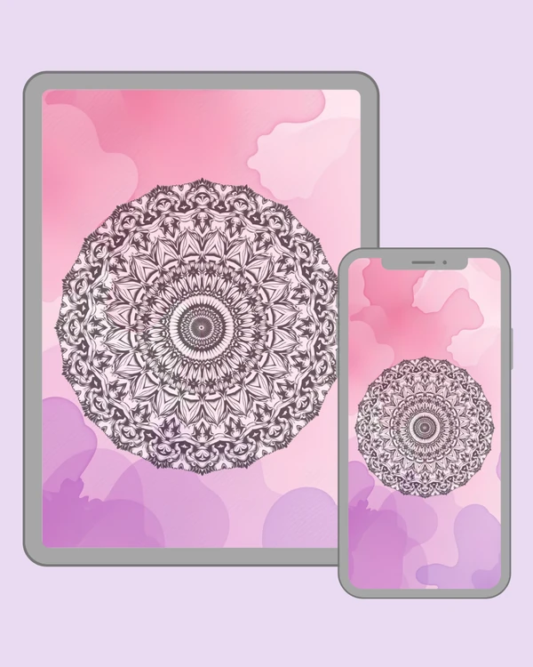 Intricate circular mandala on a soft pink and lavender abstract background
