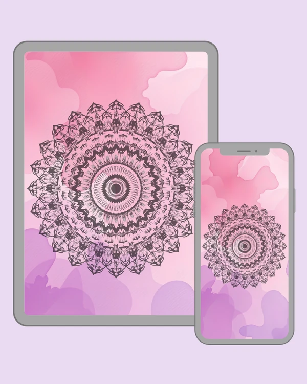 Layered floral mandala on a soft pink and lavender abstract background