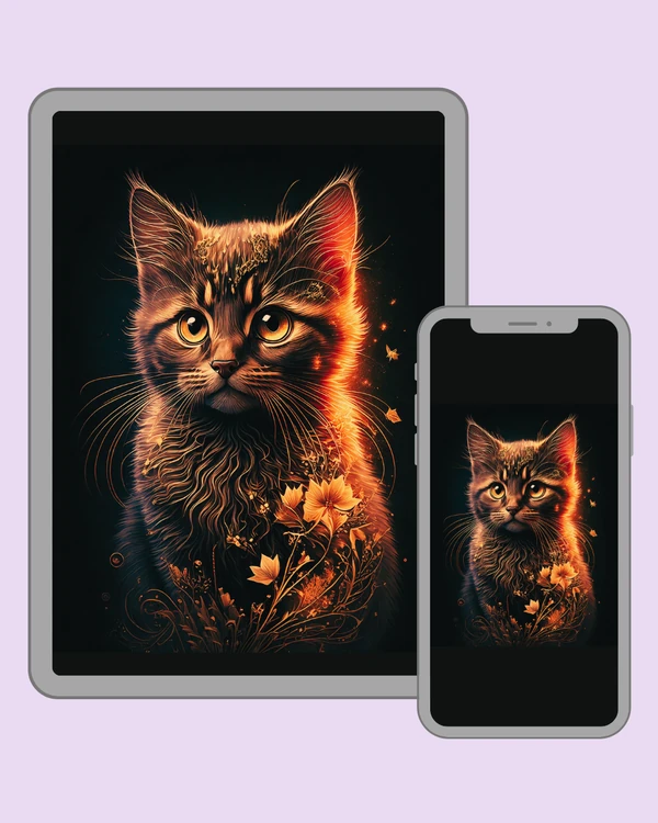 Expressive kitten portrait with glowing orange flowers and intricate details on a deep black background
