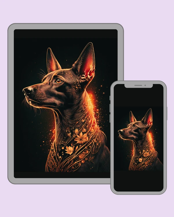 Elegant dog portrait with glowing orange floral ornamentation on a deep black background